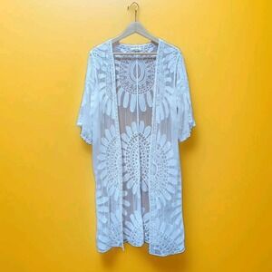 Rebellion Design Ivory Mesh w/ Floral Embroidery Open Front Duster M